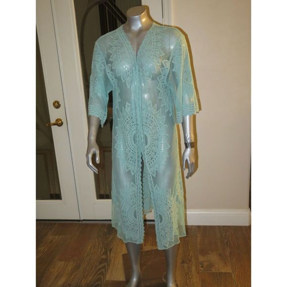 Rachel Zoe Aqua Green Lace Coat Duster Kimono Coverup Long Cardigan One Size NEW - Picture 3 of 12